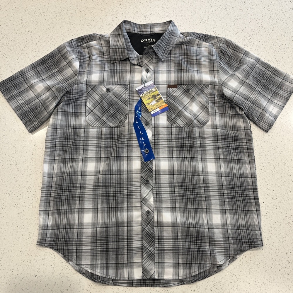 Orvis Shirt Men's Large Grey White button down plaid S/S NWT